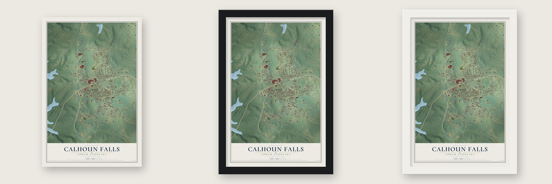 Calhoun Falls, South Carolina map unframed, in a black wood frame and in a white wood frame