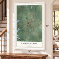 Calhoun Falls, South Carolina map, 24 x 36 inch print in a white frame by a staircase