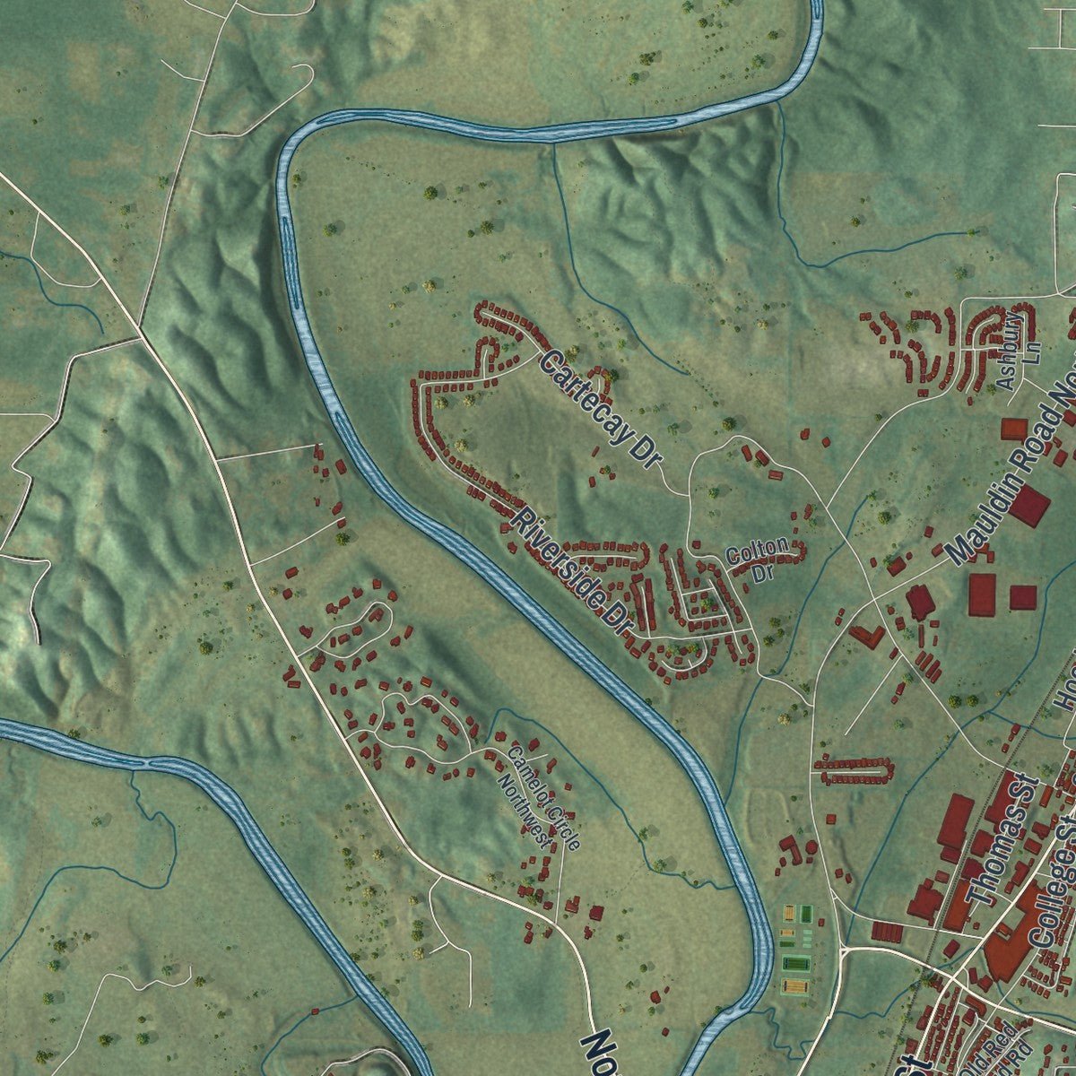 Second close-up of the map of Calhoun, Georgia print showing more streets and buildings