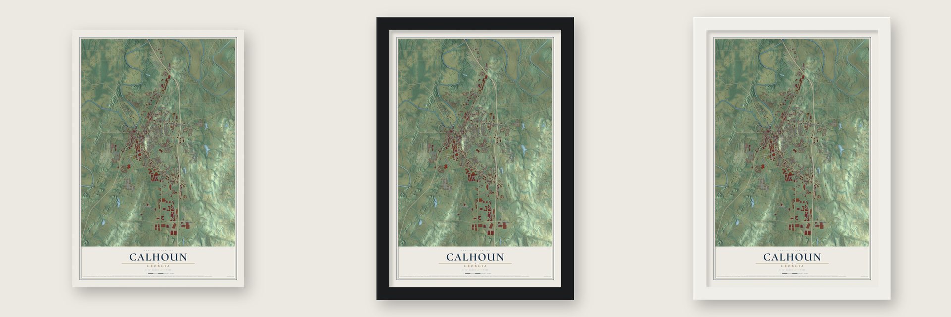 Calhoun, Georgia map unframed, in a black wood frame and in a white wood frame