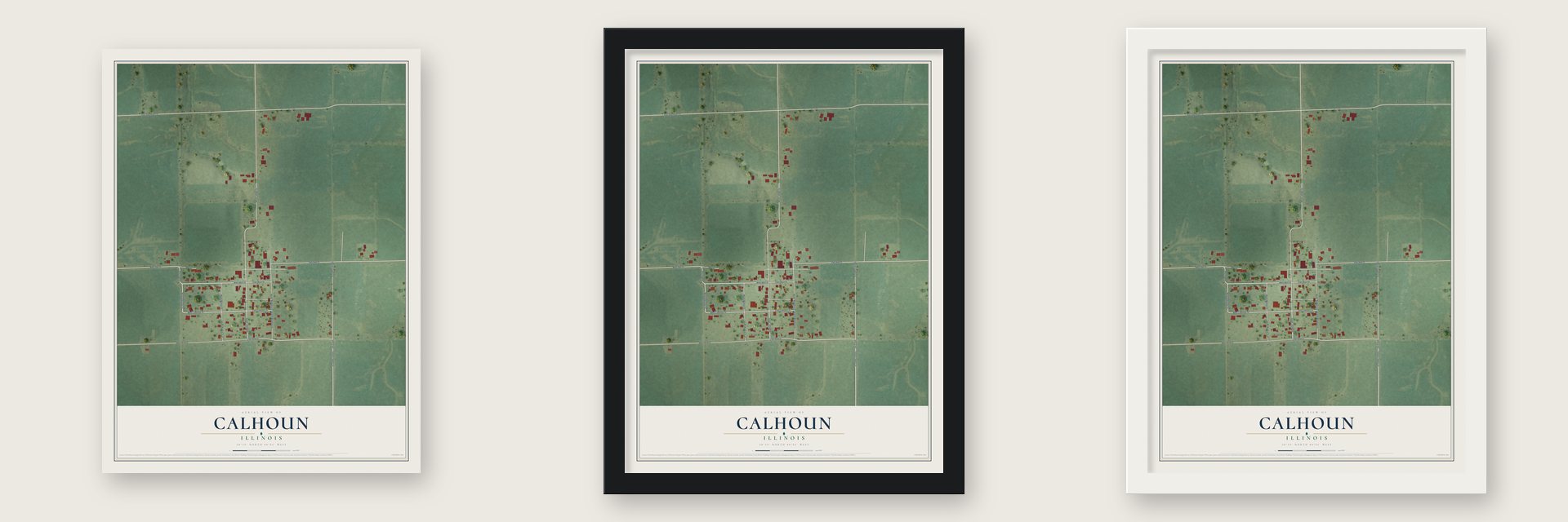 Calhoun, Illinois map unframed, in a black wood frame and in a white wood frame