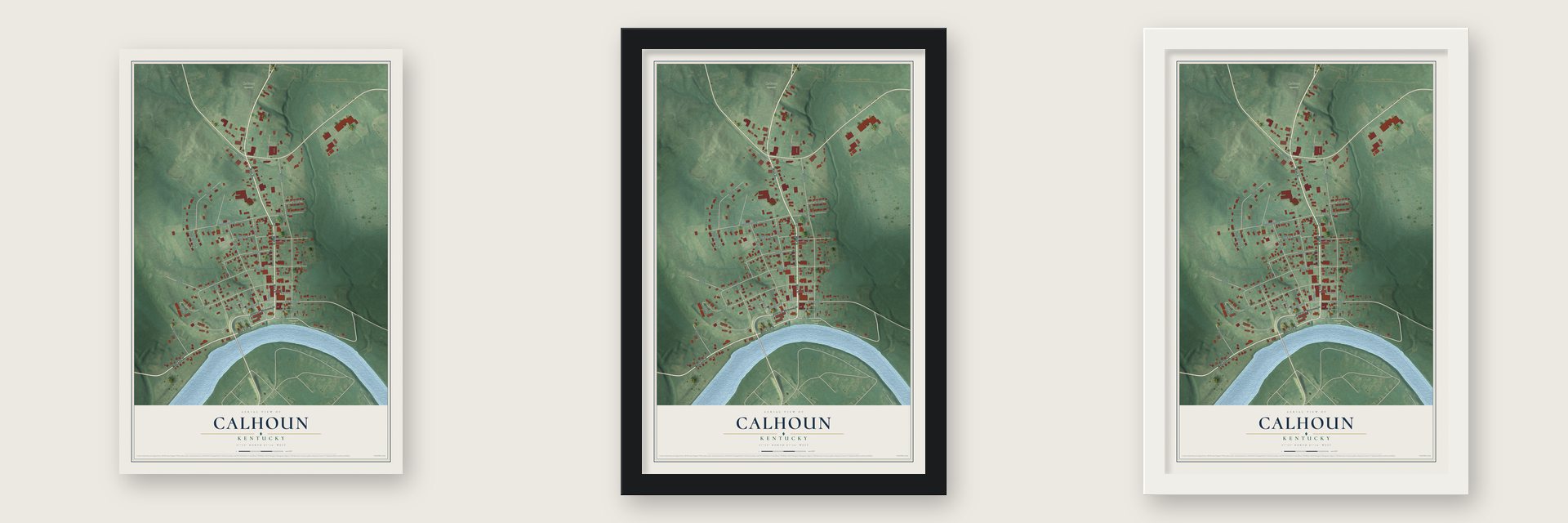 Calhoun, Kentucky map unframed, in a black wood frame and in a white wood frame