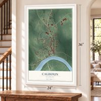 Calhoun, Kentucky map, 24 x 36 inch print in a white frame by a staircase