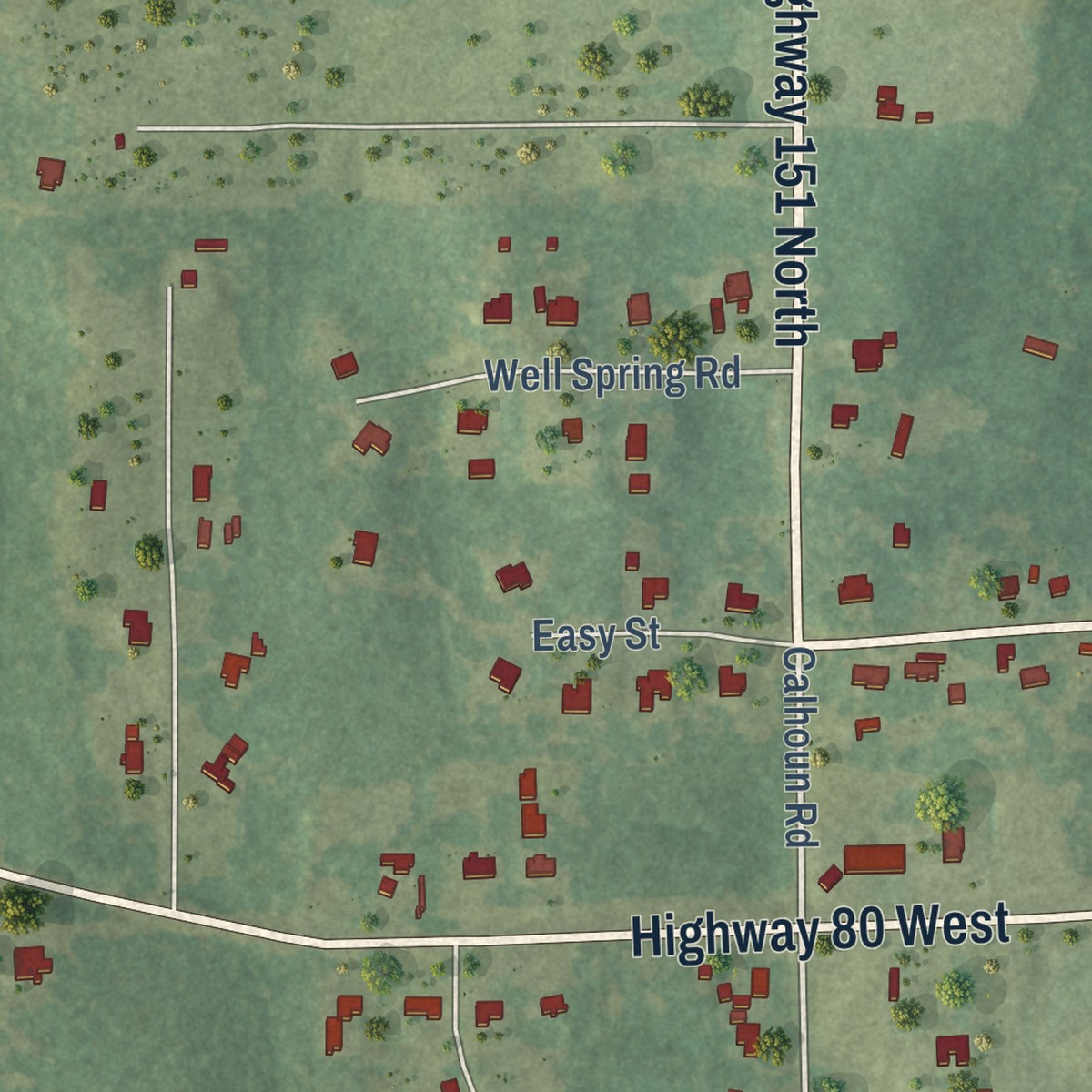 Second close-up of the map of Calhoun, Louisiana print showing more streets and buildings