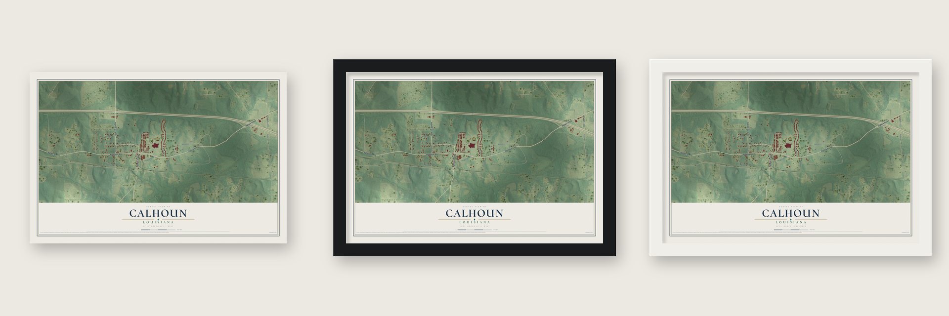 Calhoun, Louisiana map unframed, in a black wood frame and in a white wood frame