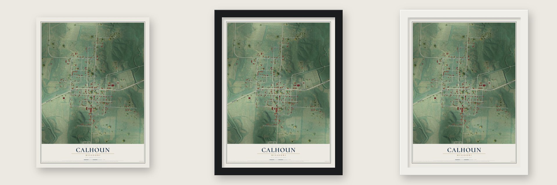 Calhoun, Missouri map unframed, in a black wood frame and in a white wood frame