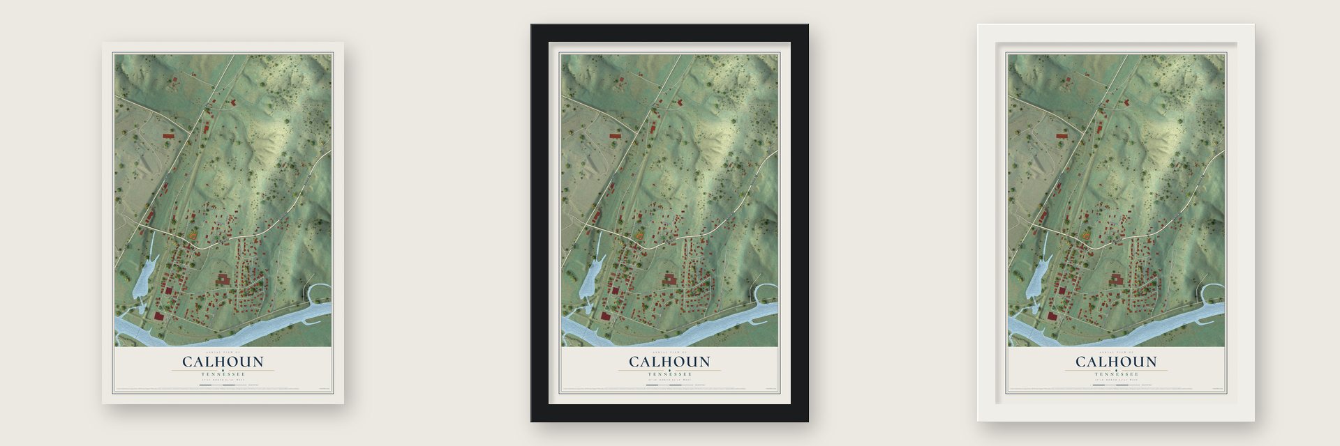 Calhoun, Tennessee map unframed, in a black wood frame and in a white wood frame