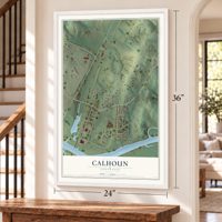 Calhoun, Tennessee map, 24 x 36 inch print in a white frame by a staircase