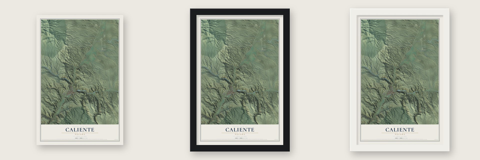 Caliente, Nevada map unframed, in a black wood frame and in a white wood frame