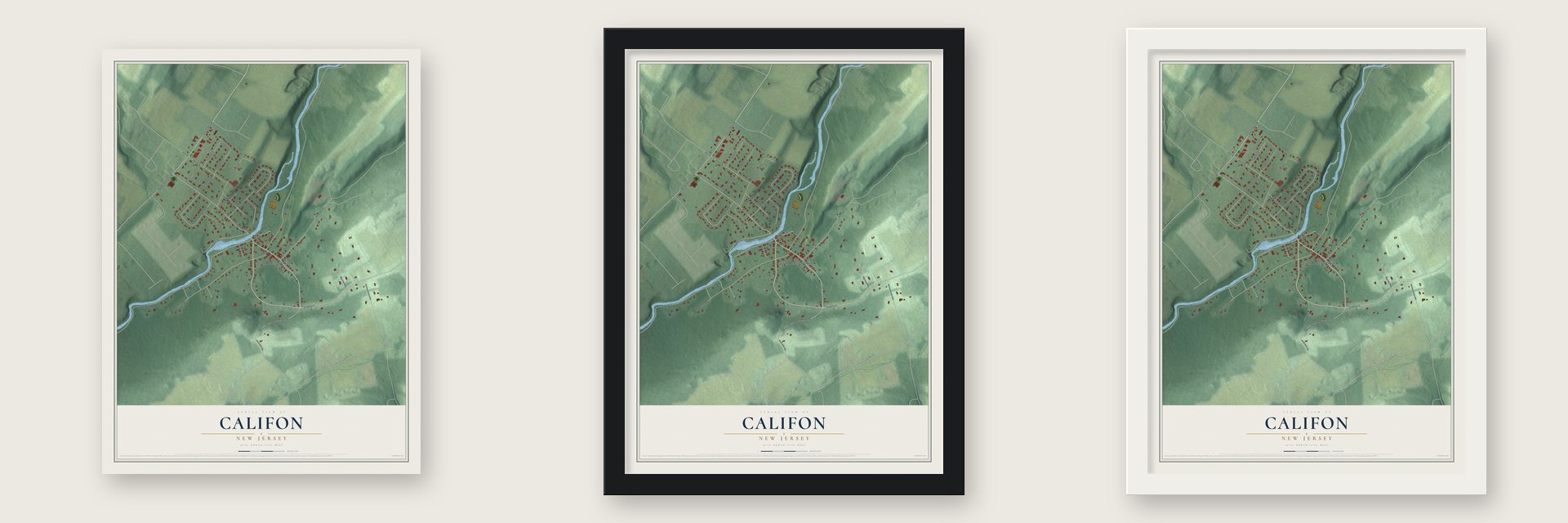 Califon, New Jersey map unframed, in a black wood frame and in a white wood frame