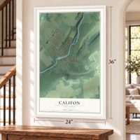 Califon, New Jersey map, 24 x 36 inch print in a white frame by a staircase