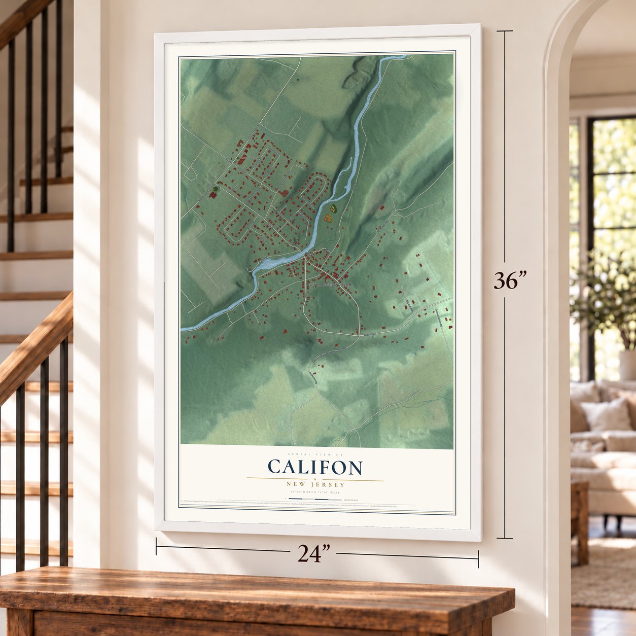 Califon, New Jersey map, 24 x 36 inch print in a white frame by a staircase