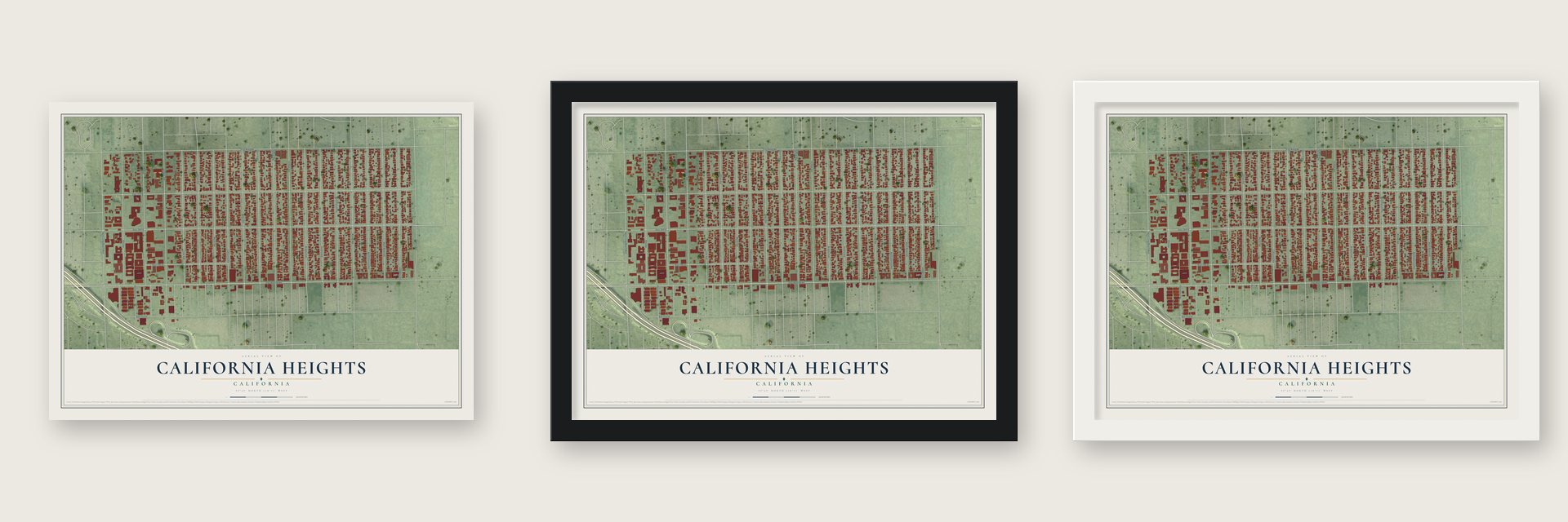 California Heights, California map unframed, in a black wood frame and in a white wood frame