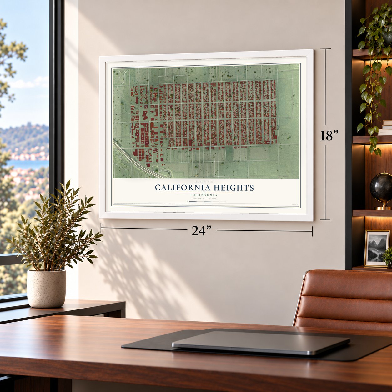 California Heights, California map, 18 x 24 inch print in a white frame in a home office