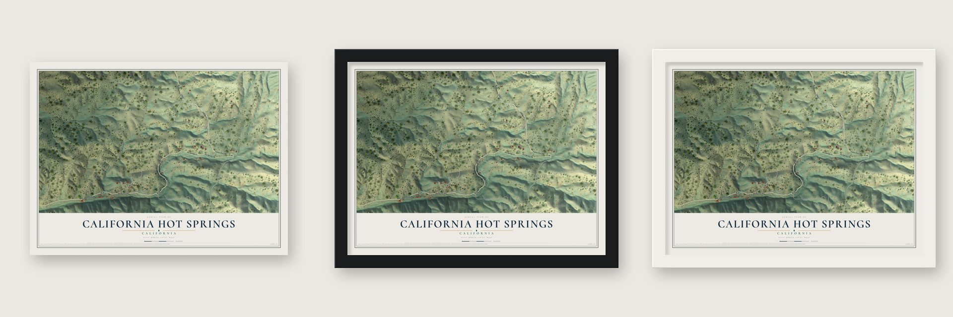 California Hot Springs, California map unframed, in a black wood frame and in a white wood frame
