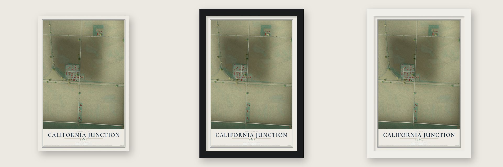 California Junction, Iowa map unframed, in a black wood frame and in a white wood frame