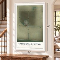 California Junction, Iowa map, 24 x 36 inch print in a white frame by a staircase