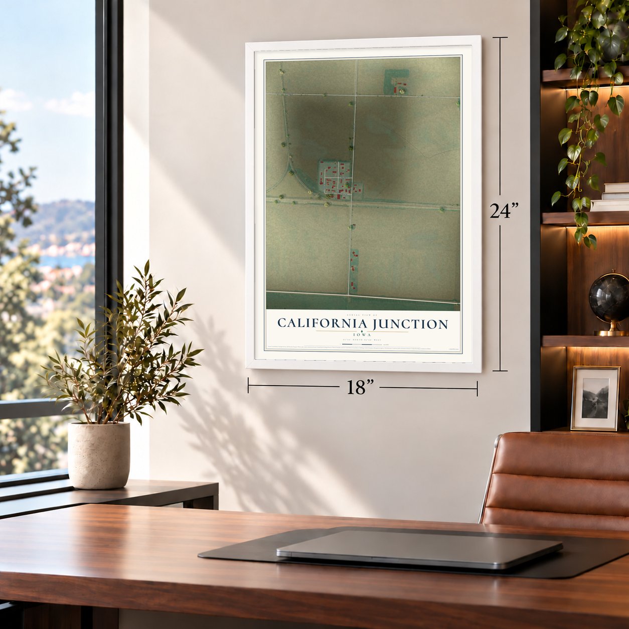 California Junction, Iowa map, 18 x 24 inch print in a white frame in a home office