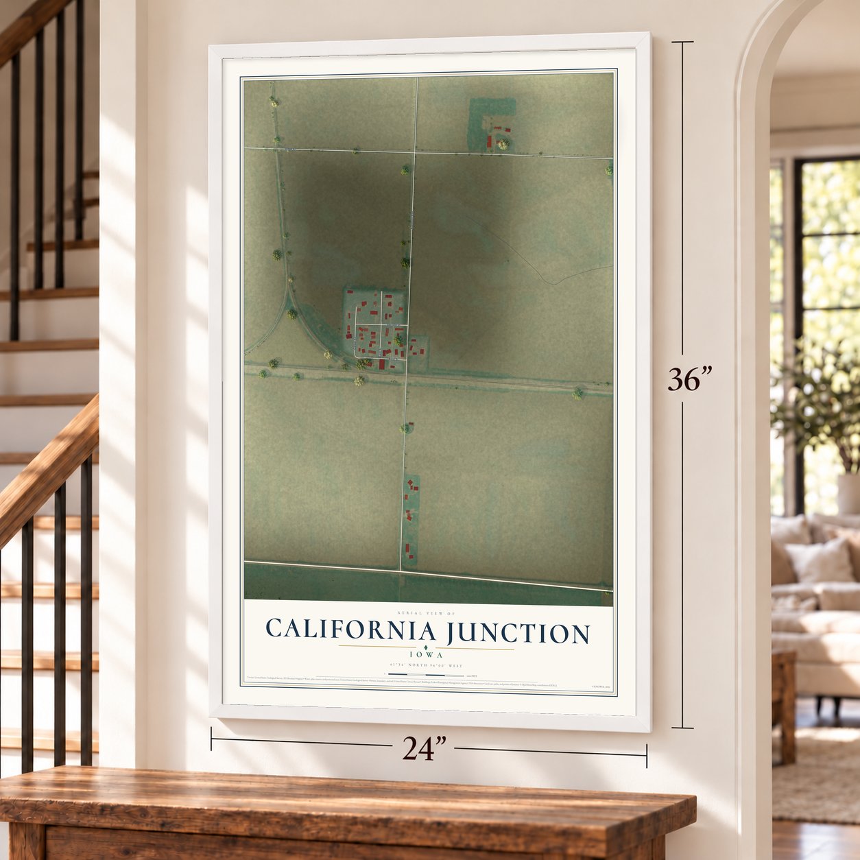 California Junction, Iowa map, 24 x 36 inch print in a white frame by a staircase