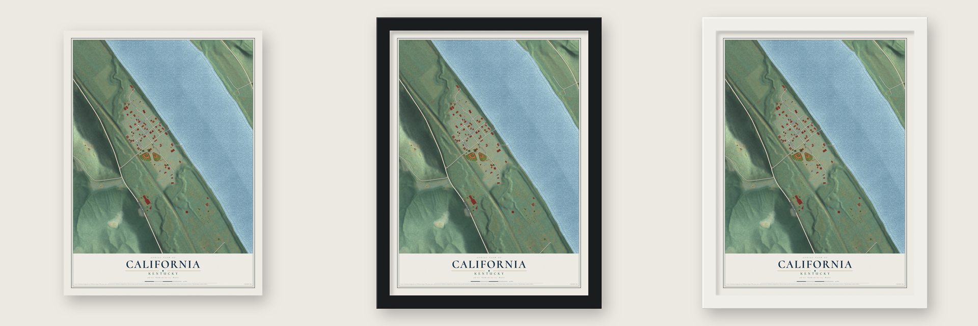 California, Kentucky map unframed, in a black wood frame and in a white wood frame