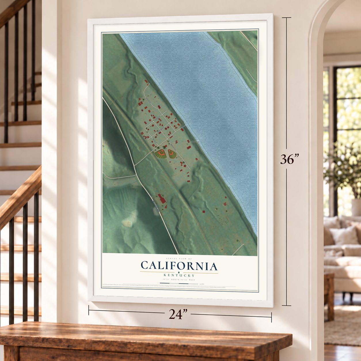 California, Kentucky map, 24 x 36 inch print in a white frame by a staircase