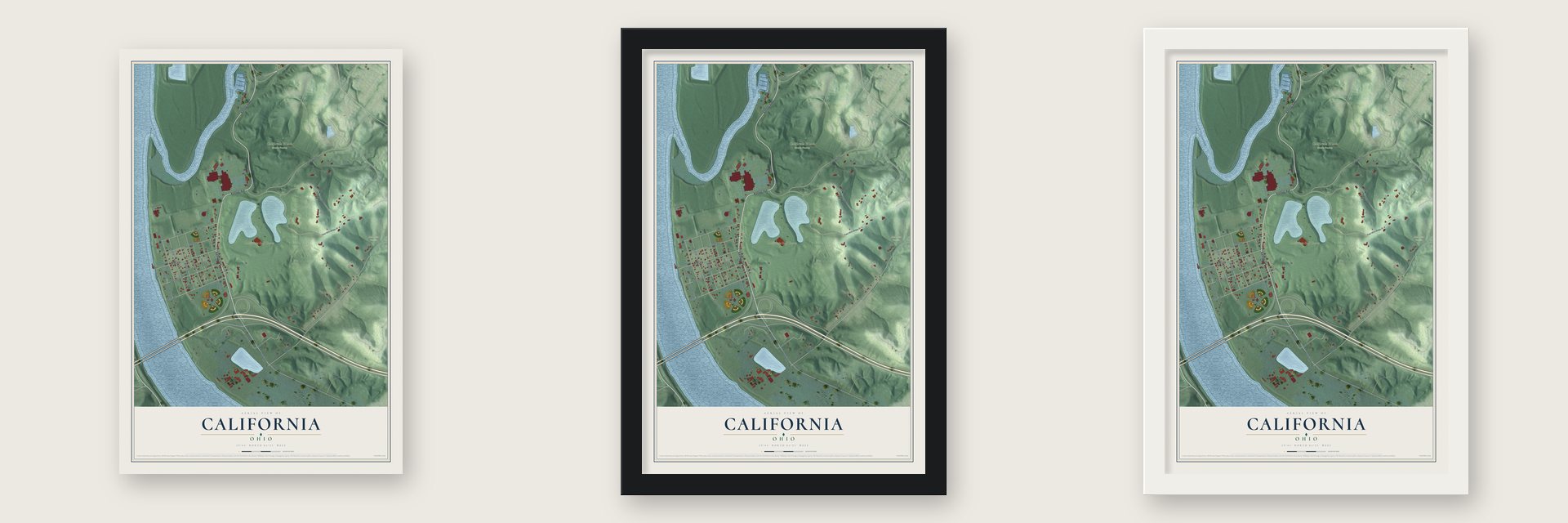 California, Ohio map unframed, in a black wood frame and in a white wood frame