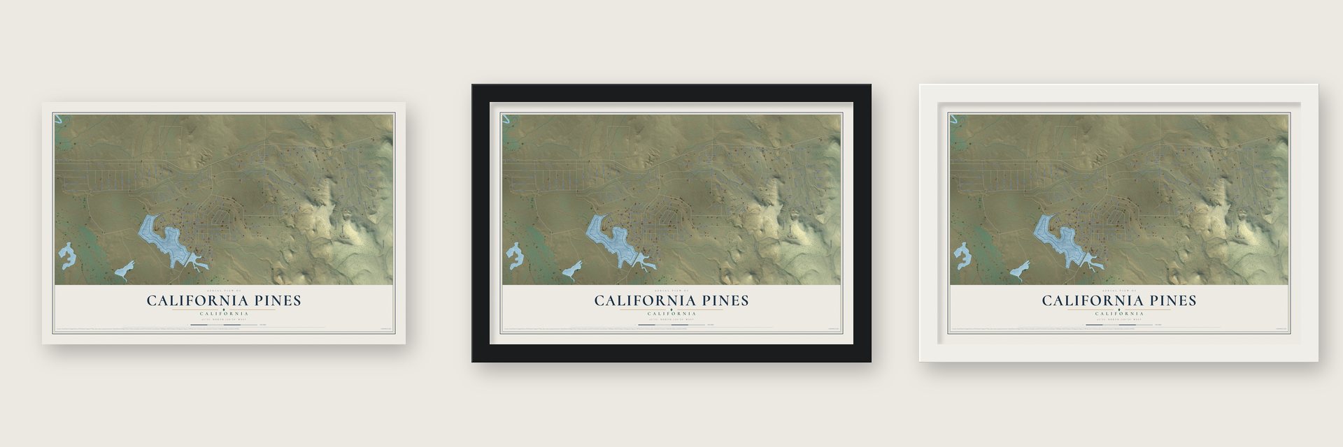California Pines, California map unframed, in a black wood frame and in a white wood frame