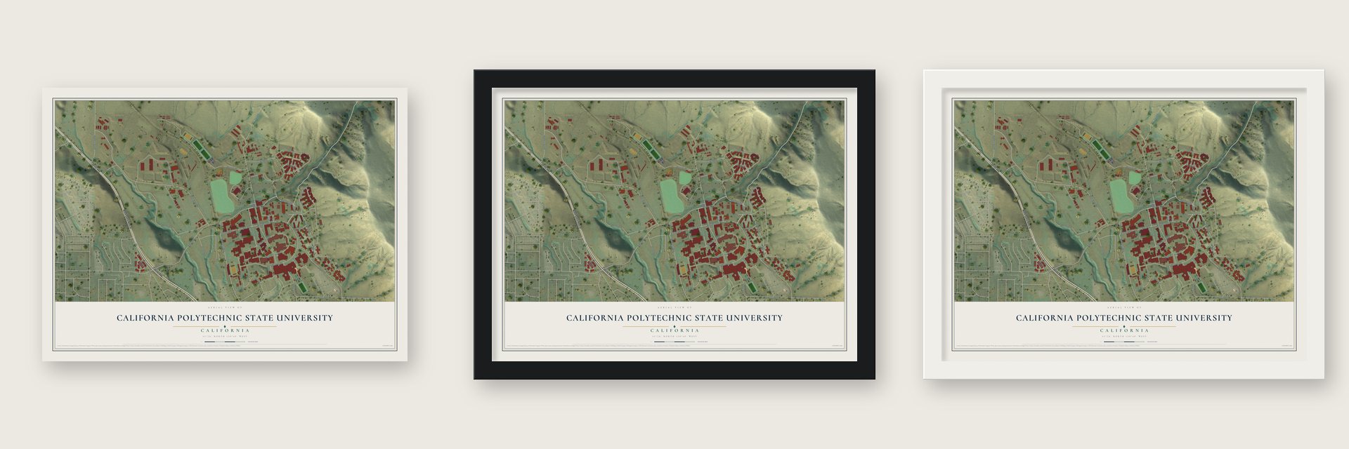 California Polytechnic State University, California map unframed, in a black wood frame and in a white wood frame