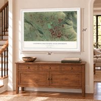 California Polytechnic State University, California map, 24 x 36 inch print in a white frame above a dresser by a staircase