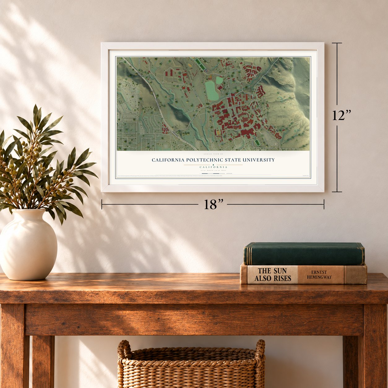California Polytechnic State University, California map, 12 x 18 inch print in a white frame in an entryway