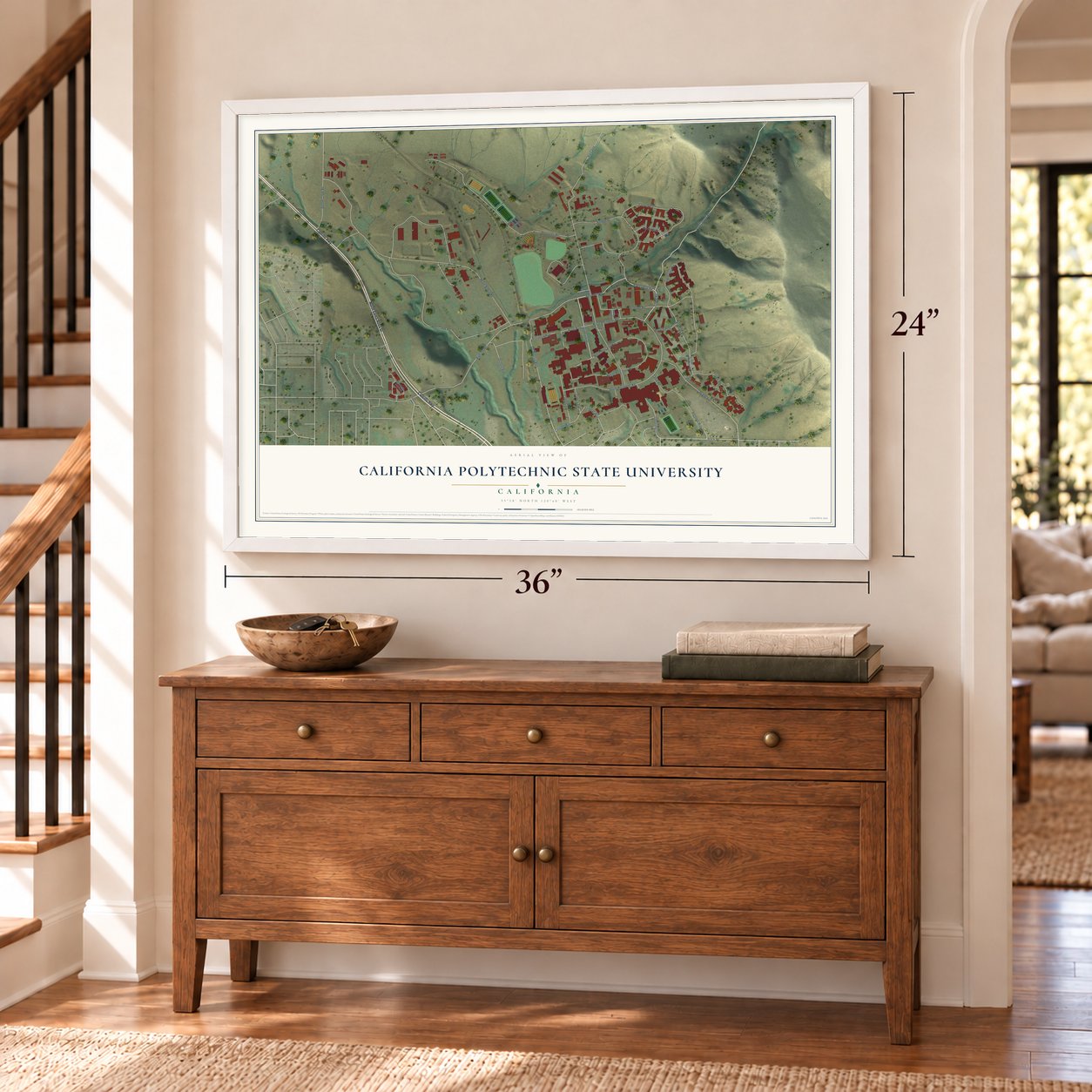 California Polytechnic State University, California map, 24 x 36 inch print in a white frame above a dresser by a staircase
