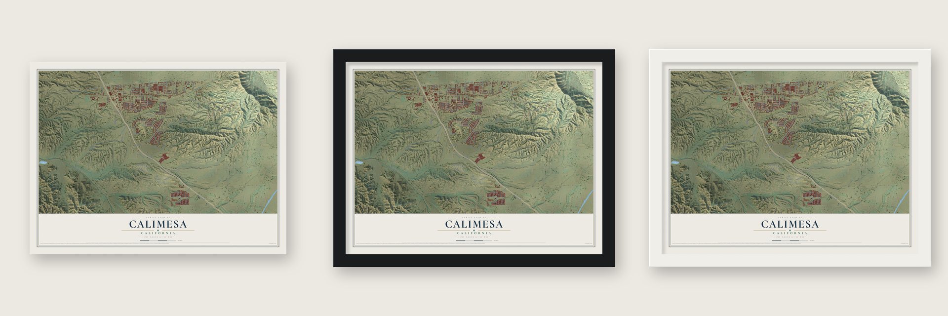 Calimesa, California map unframed, in a black wood frame and in a white wood frame