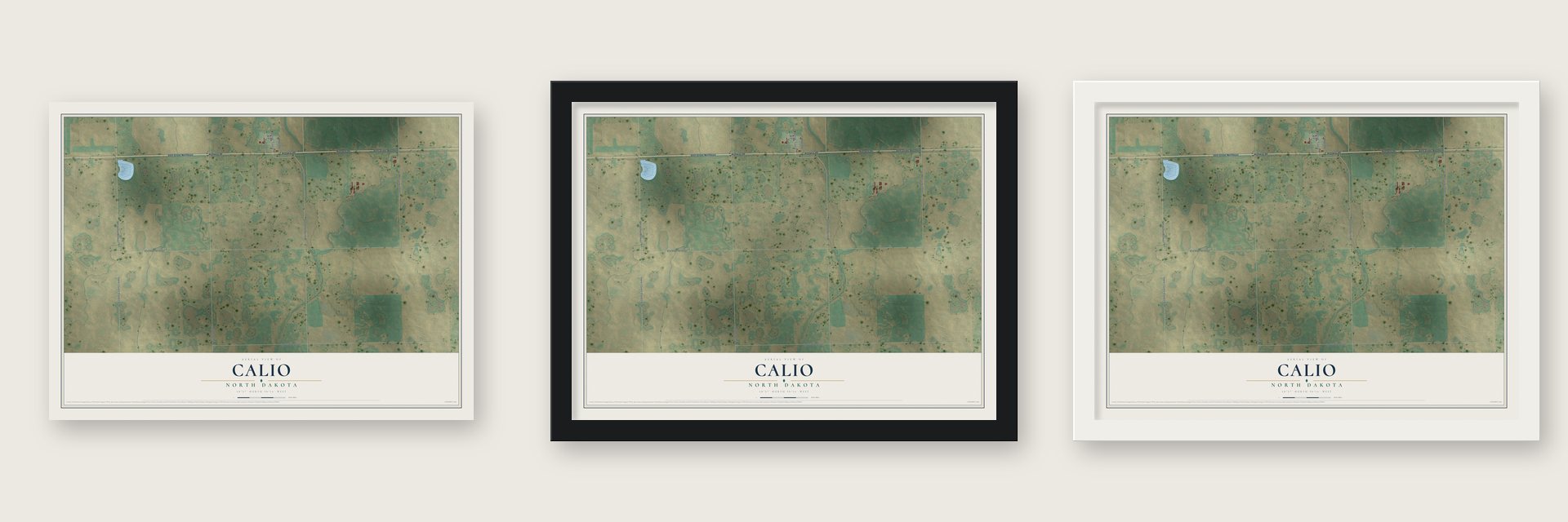 Calio, North Dakota map unframed, in a black wood frame and in a white wood frame