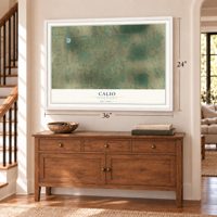Calio, North Dakota map, 24 x 36 inch print in a white frame above a dresser by a staircase