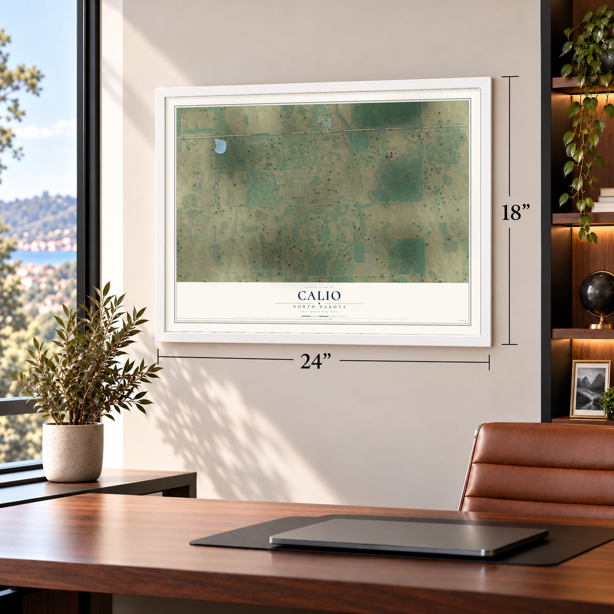 Calio, North Dakota map, 18 x 24 inch print in a white frame in a home office