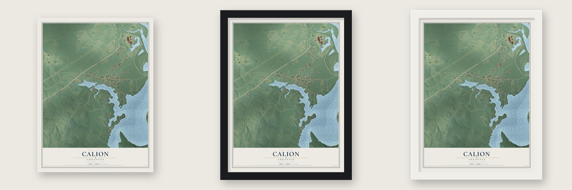 Calion, Arkansas map unframed, in a black wood frame and in a white wood frame
