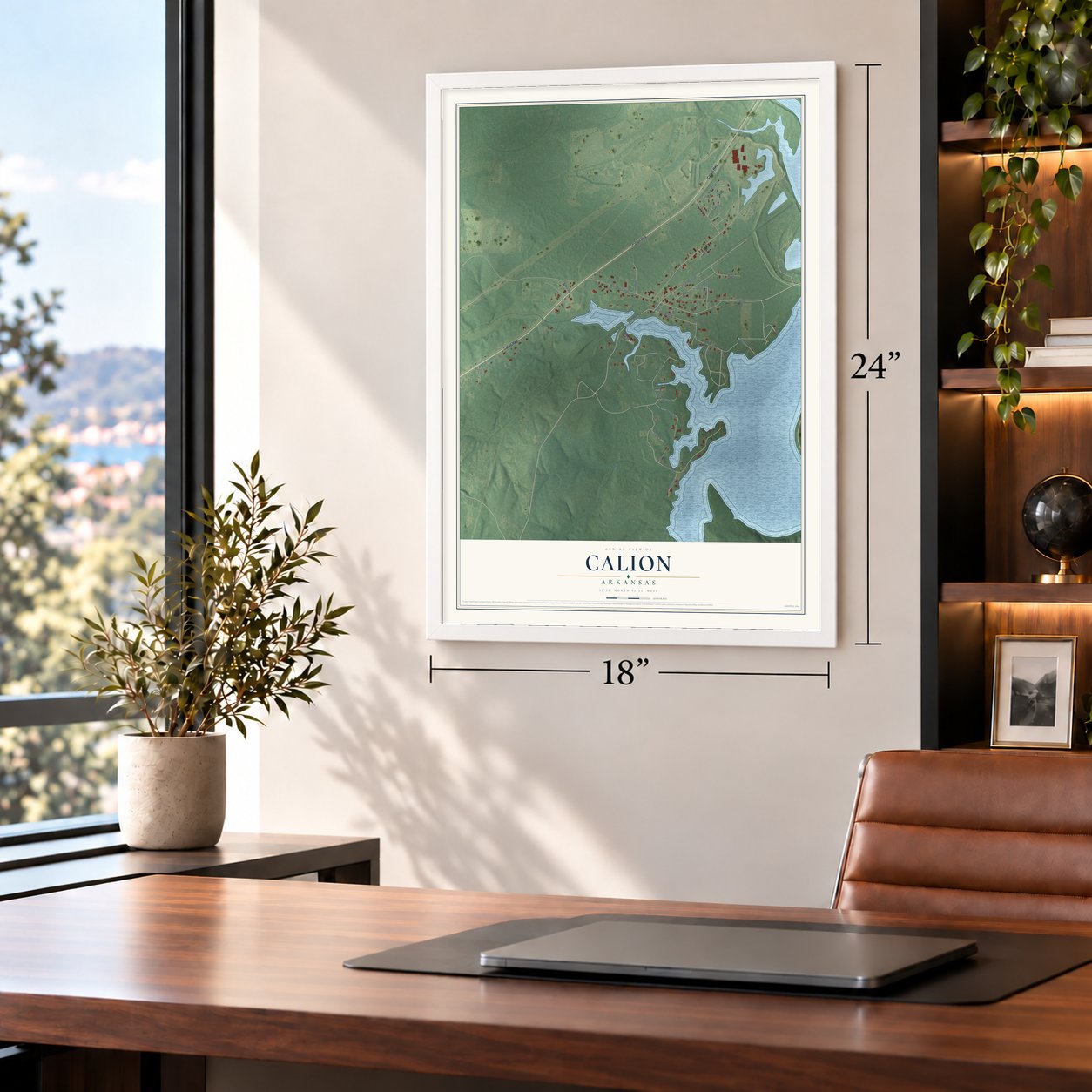 Calion, Arkansas map, 18 x 24 inch print in a white frame in a home office