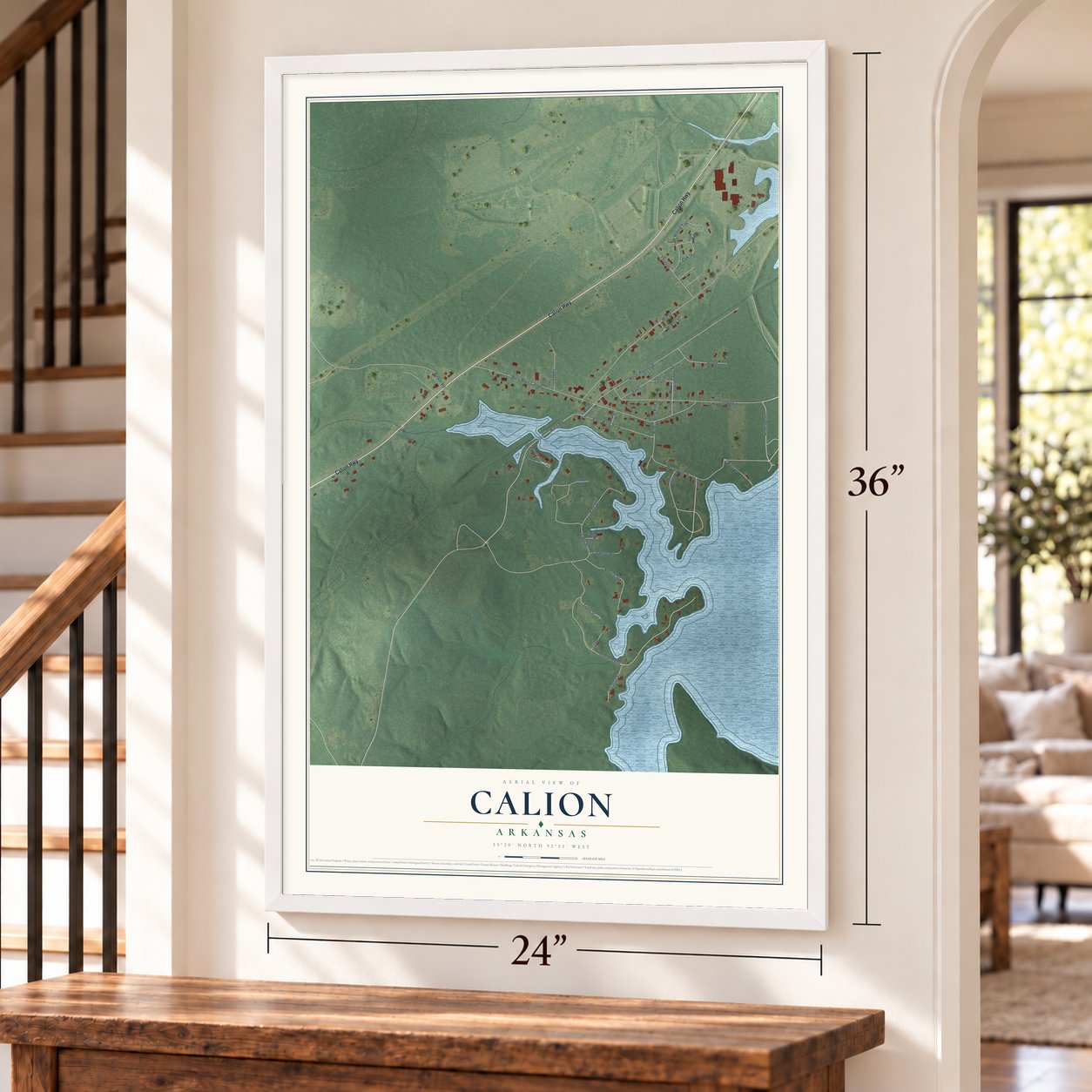 Calion, Arkansas map, 24 x 36 inch print in a white frame by a staircase