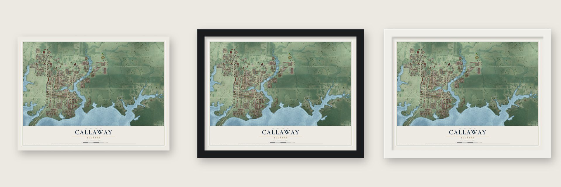 Callaway, Florida map unframed, in a black wood frame and in a white wood frame
