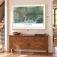 Callaway, Florida map, 24 x 36 inch print in a white frame above a dresser by a staircase
