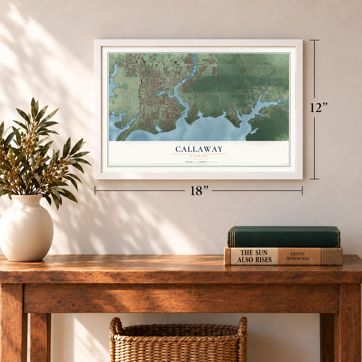 Callaway, Florida map, 12 x 18 inch print in a white frame in an entryway