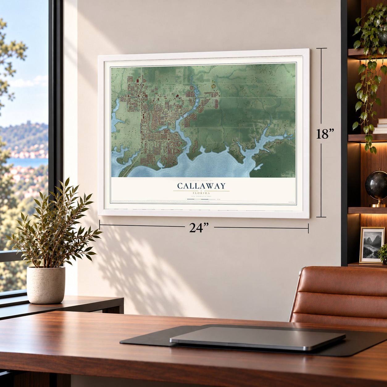 Callaway, Florida map, 18 x 24 inch print in a white frame in a home office