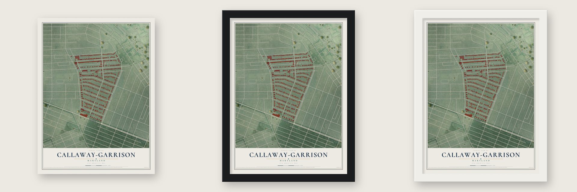 Callaway-Garrison, Maryland map unframed, in a black wood frame and in a white wood frame