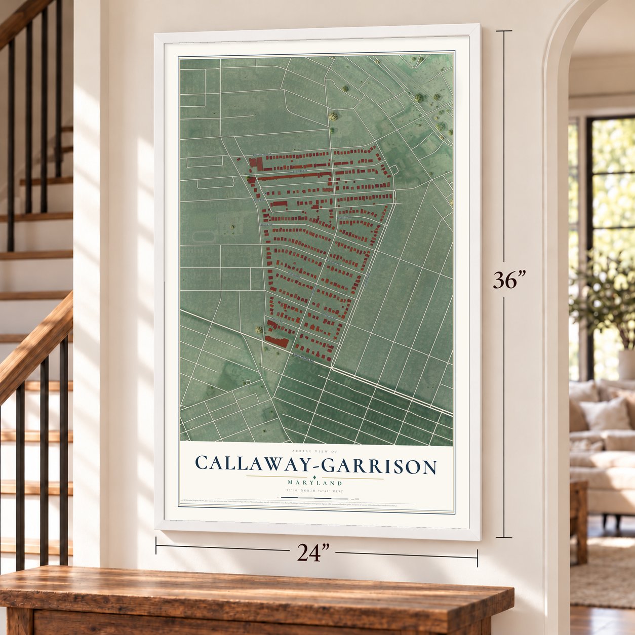 Callaway-Garrison, Maryland map, 24 x 36 inch print in a white frame by a staircase