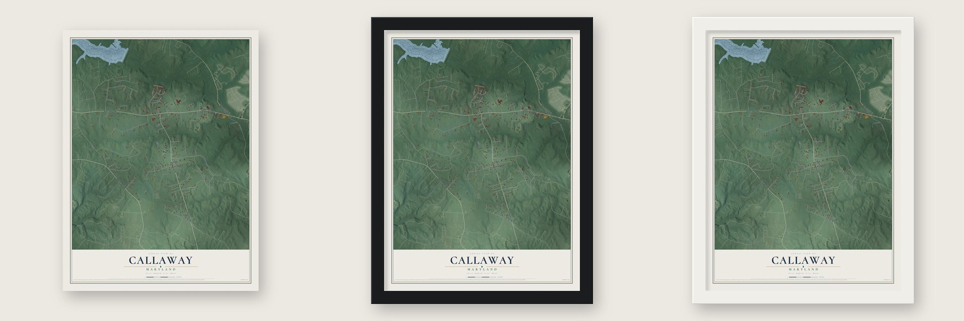 Callaway, Maryland map unframed, in a black wood frame and in a white wood frame