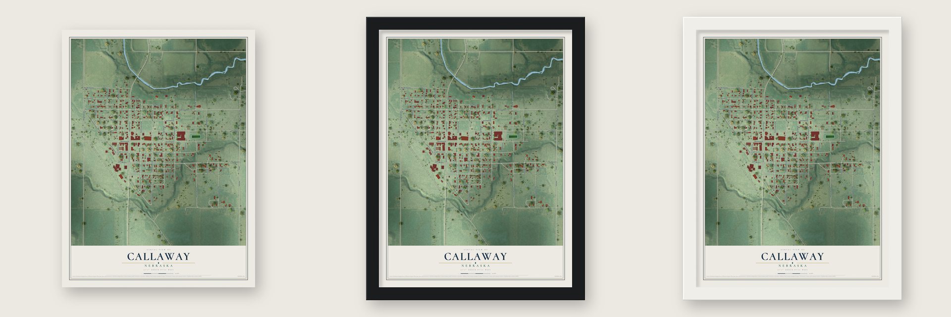 Callaway, Nebraska map unframed, in a black wood frame and in a white wood frame