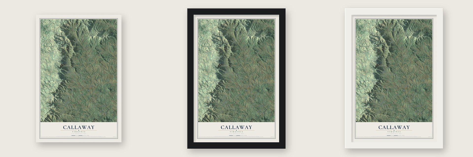 Callaway, Virginia map unframed, in a black wood frame and in a white wood frame