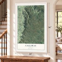 Callaway, Virginia map, 24 x 36 inch print in a white frame by a staircase