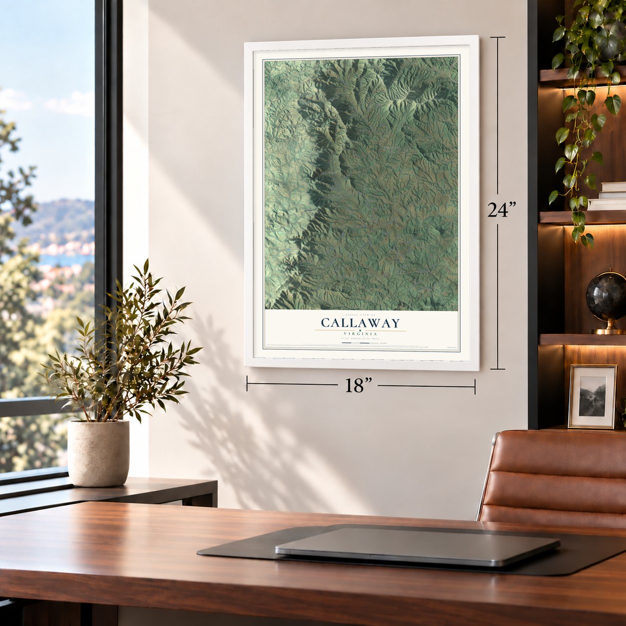 Callaway, Virginia map, 18 x 24 inch print in a white frame in a home office
