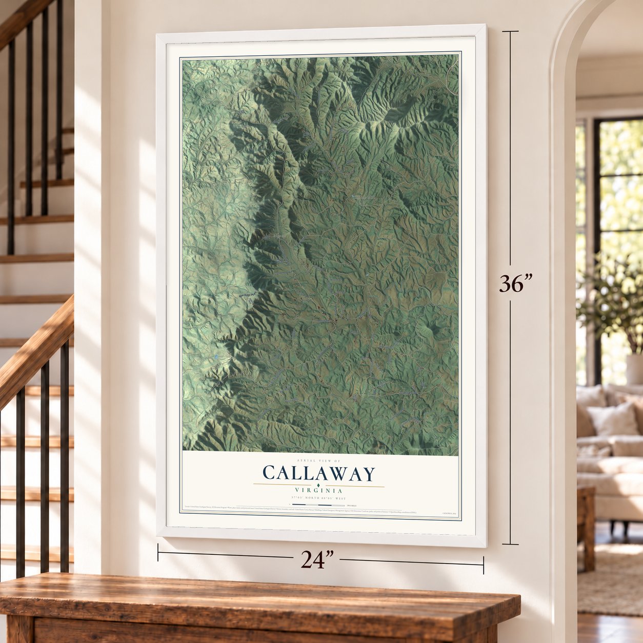Callaway, Virginia map, 24 x 36 inch print in a white frame by a staircase